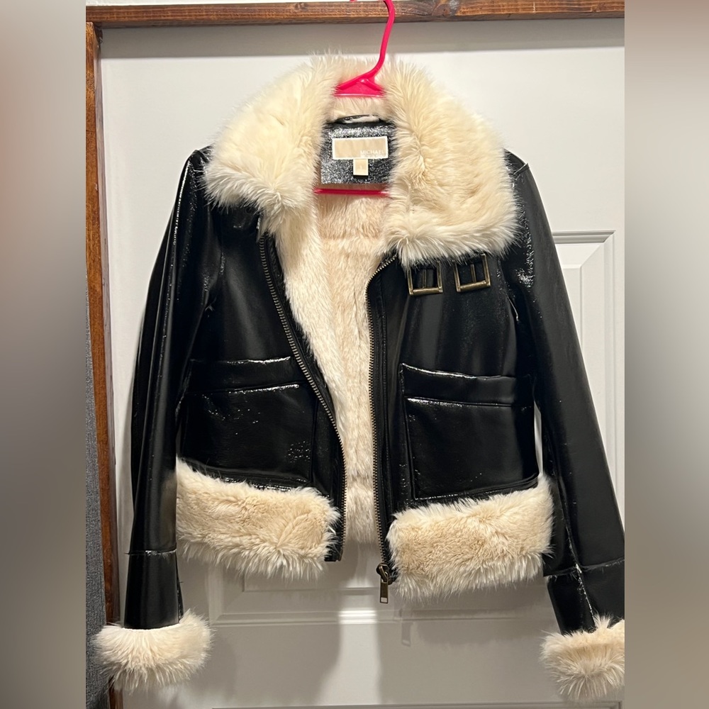 Michael Kors Faux Shearling-Trim Patent Aviator Jacket